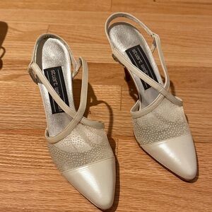 Stuart Weitzman Beige and White Slingback Heels